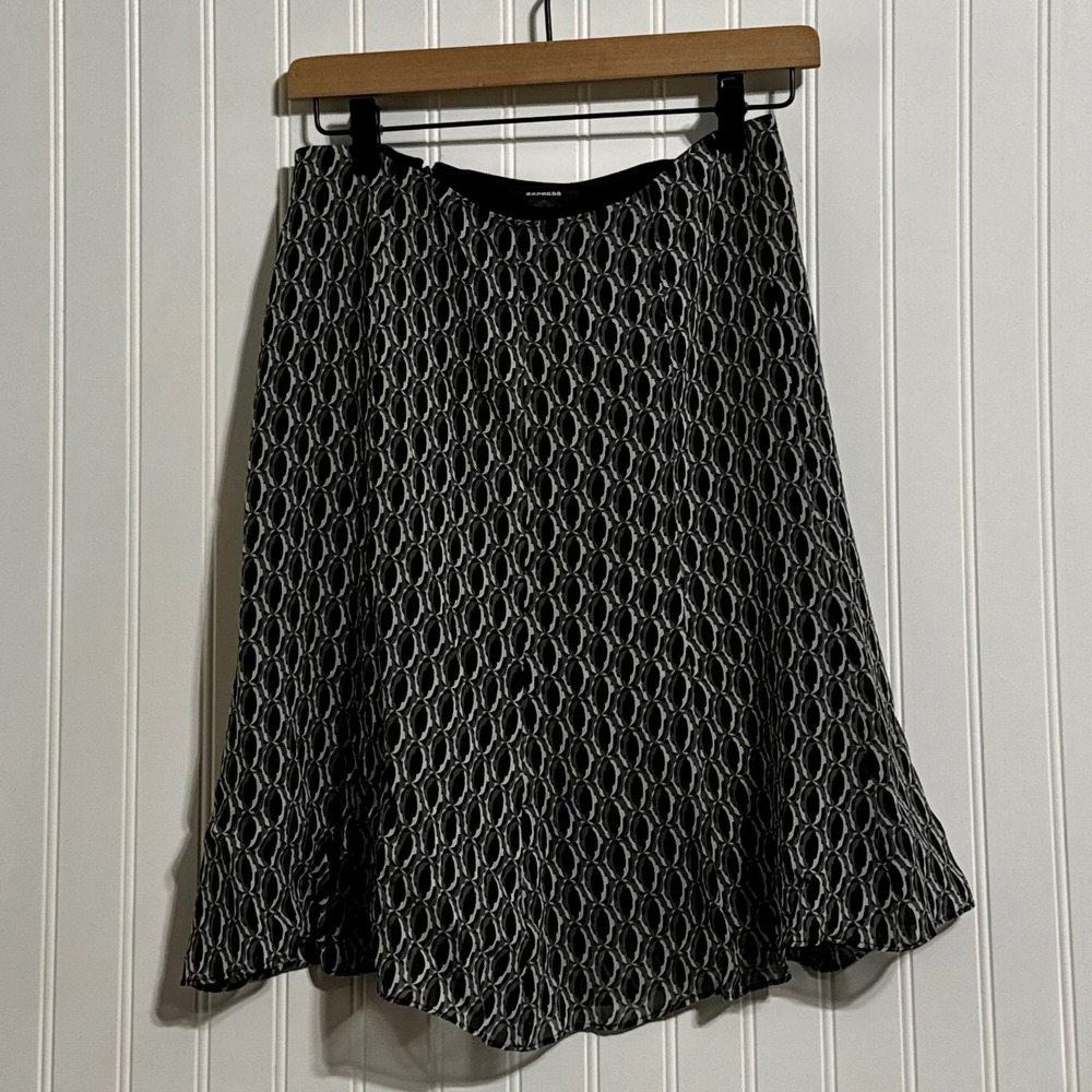 Express Womens 0 Flared‎ Skirt Silk Black White Geometric Vintage Y2K